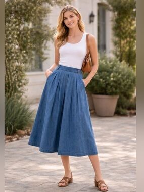 Vintage Ruff Hewn Pleated Heavy Denim Midi Skirt USA Made Cottagecore Classic 8